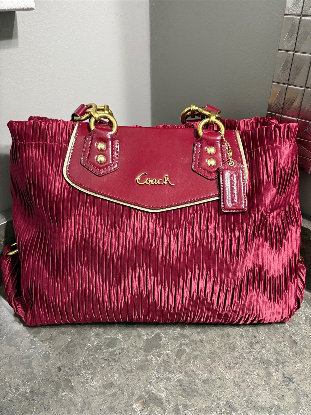 Coach Ashley Gathered Satin Satchel with Gold Hardware. Colour Bordeaux. Rare!!